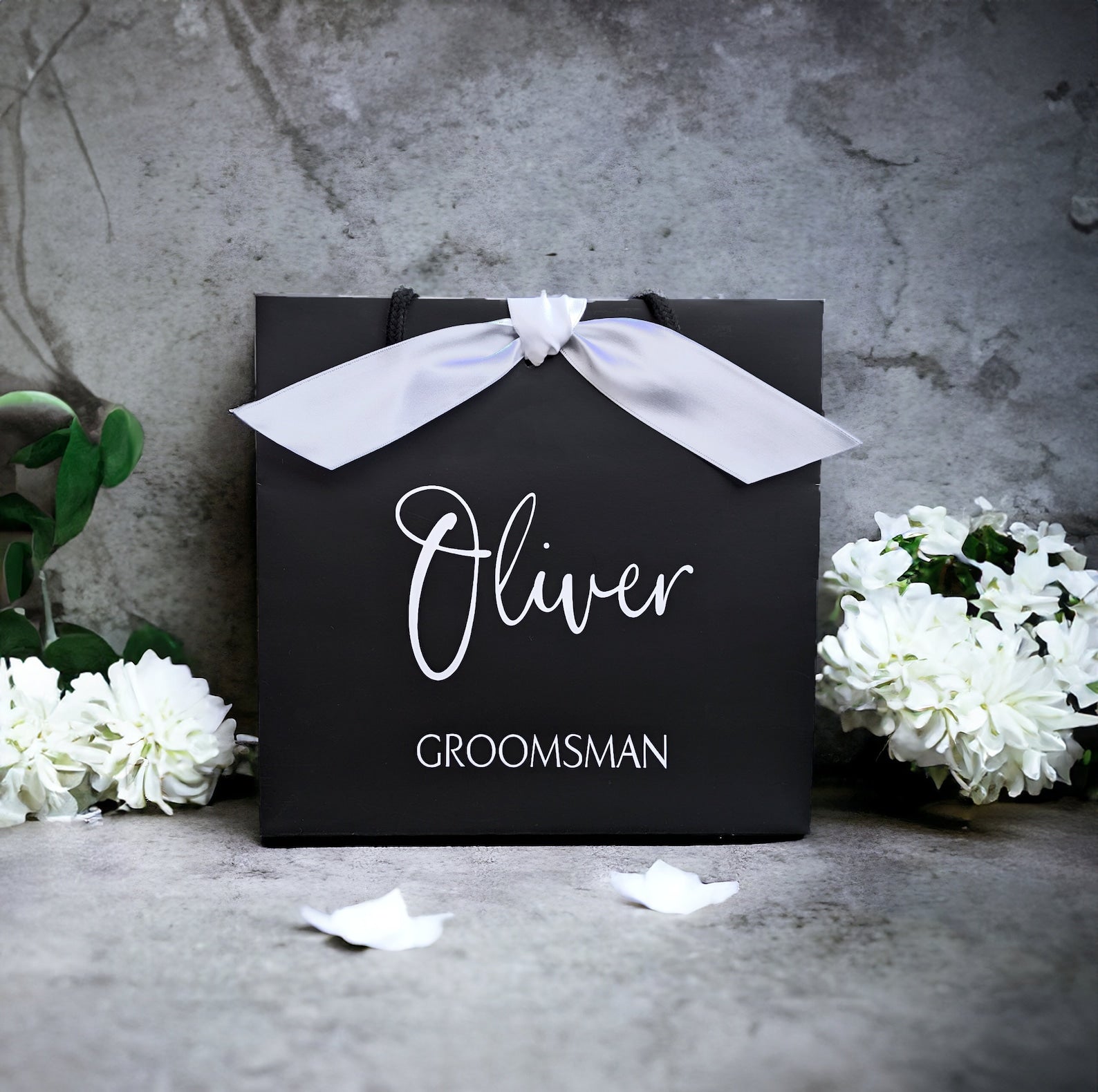 Personalised groomsman gift bag black with white ribbon small square