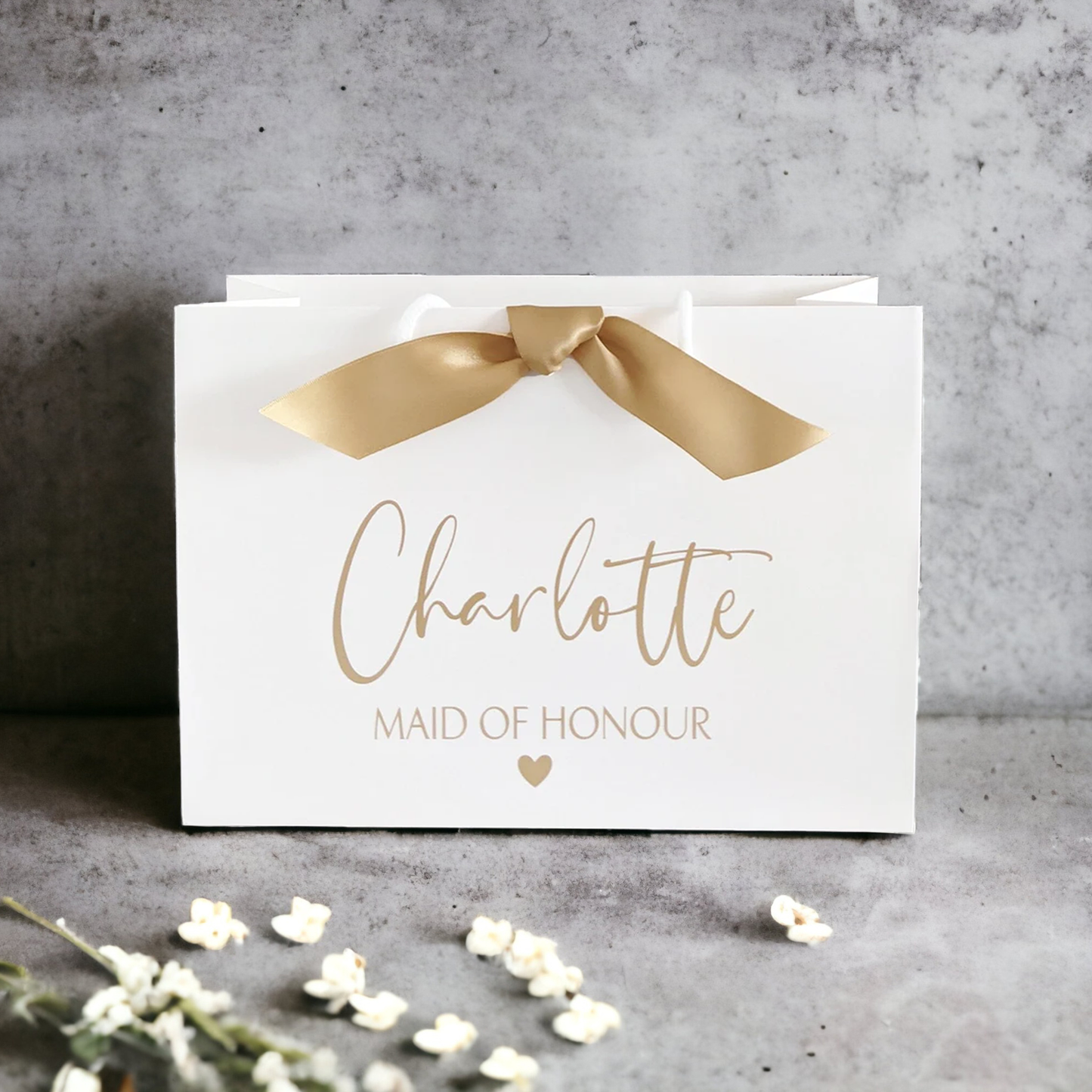 Personalised maid of honour gift bag gold with ribbon