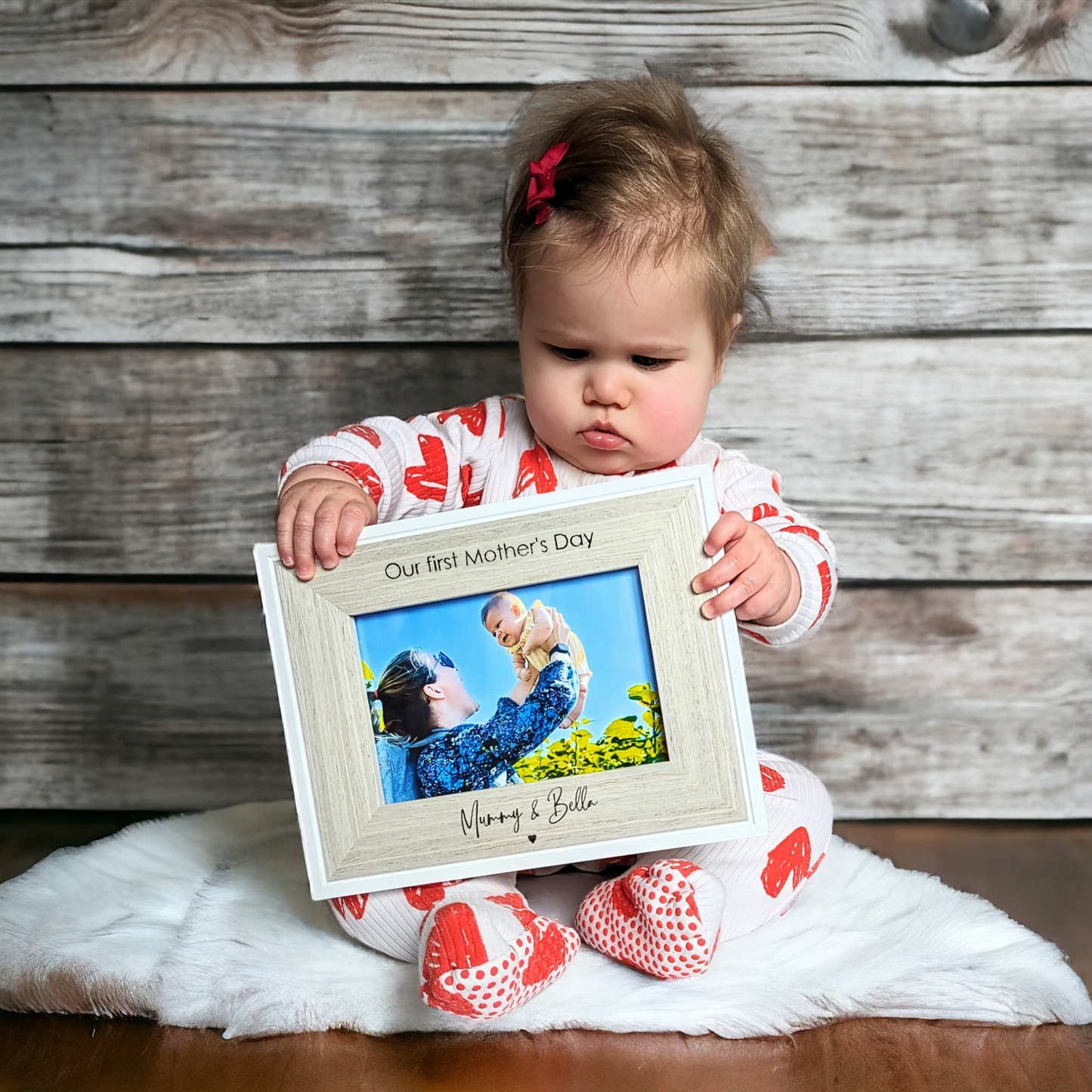 baby holding a personalised engraved wooden mothers day frame