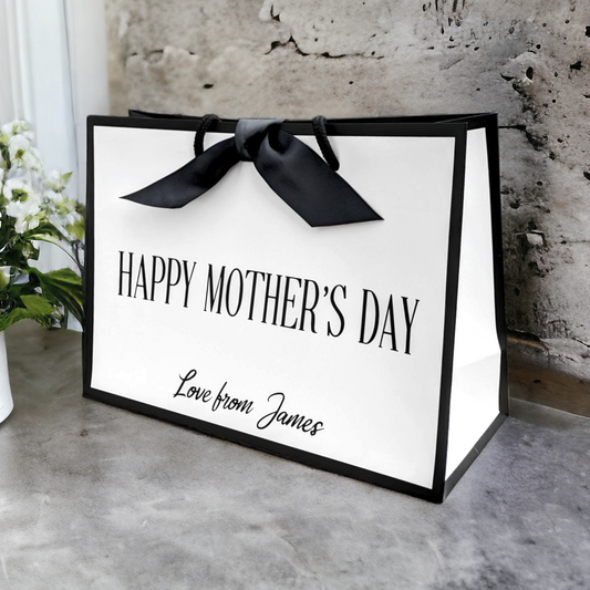 Personalised mothers day gift bag black edge medium bag side view - adccrafts