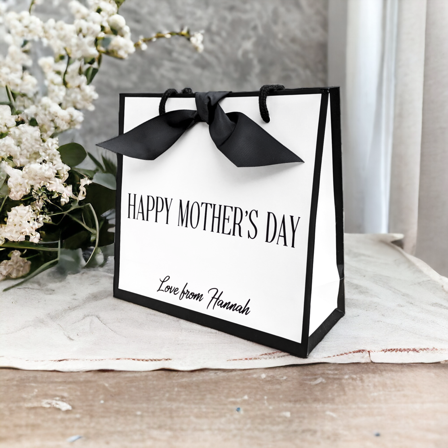 personalised mother's day gift bag black edge small bag side view