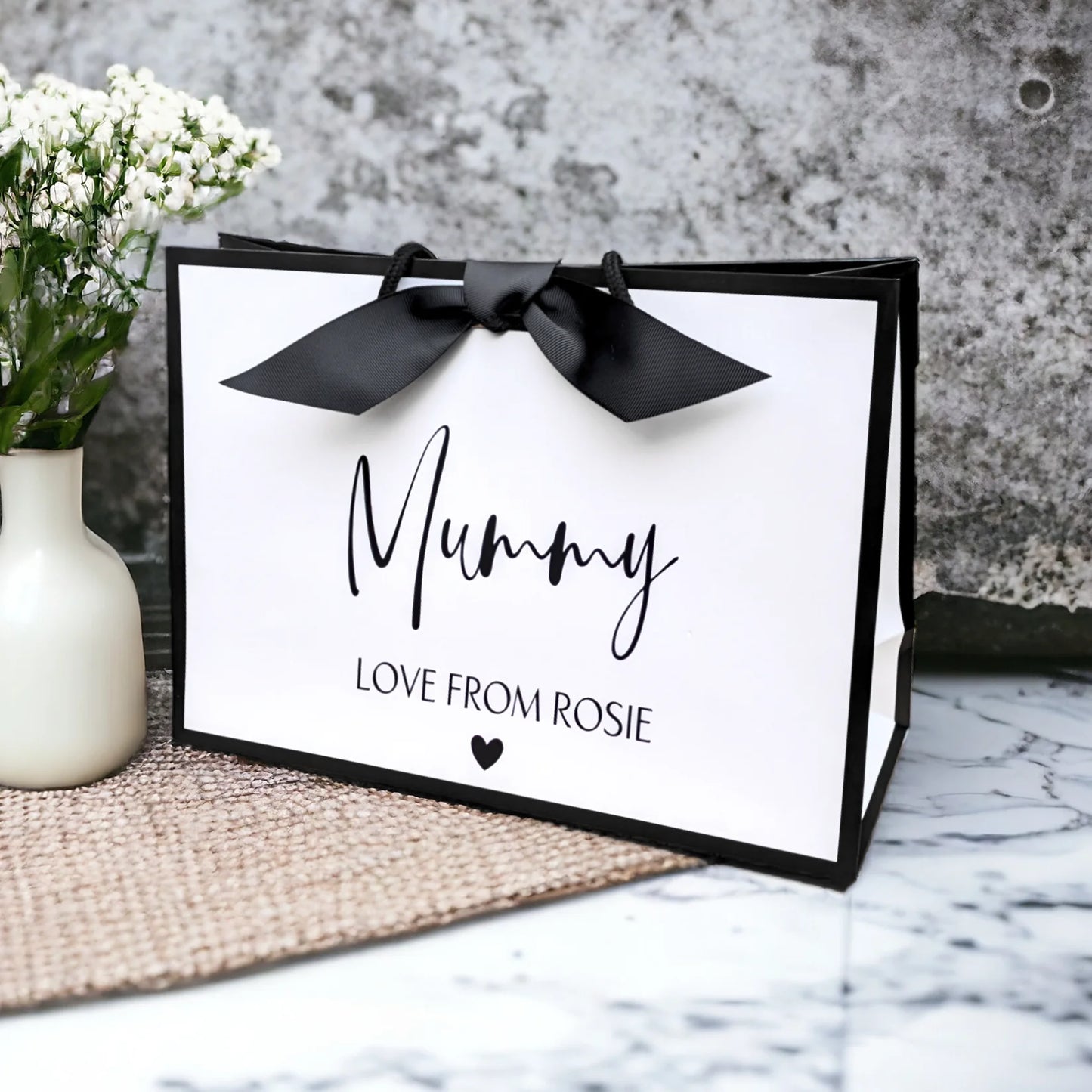 personalised mother's day gift bag black edge white medium bag side view