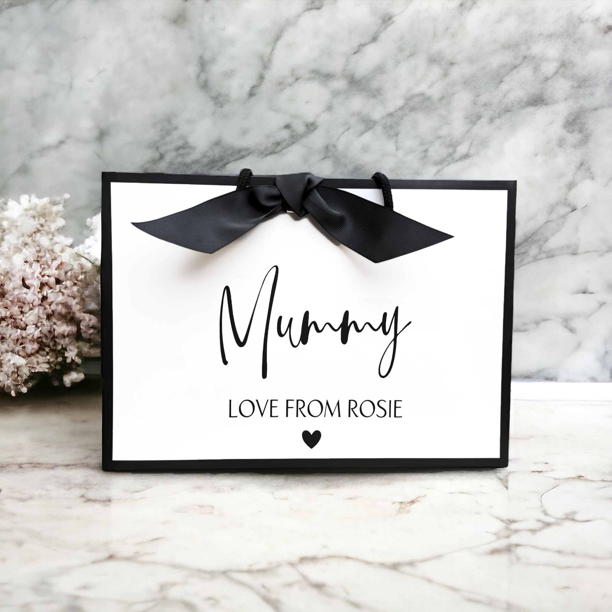 personalised mother's day gift bag black edge white medium bag