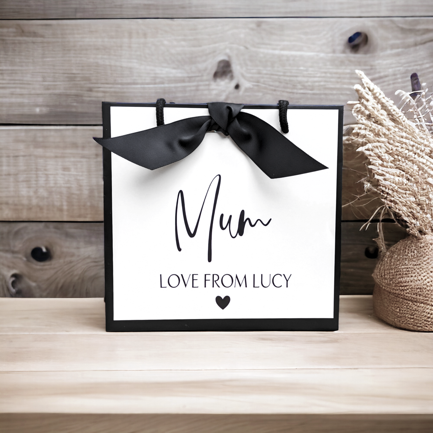 personalised mother's day gift bag black edge white small bag