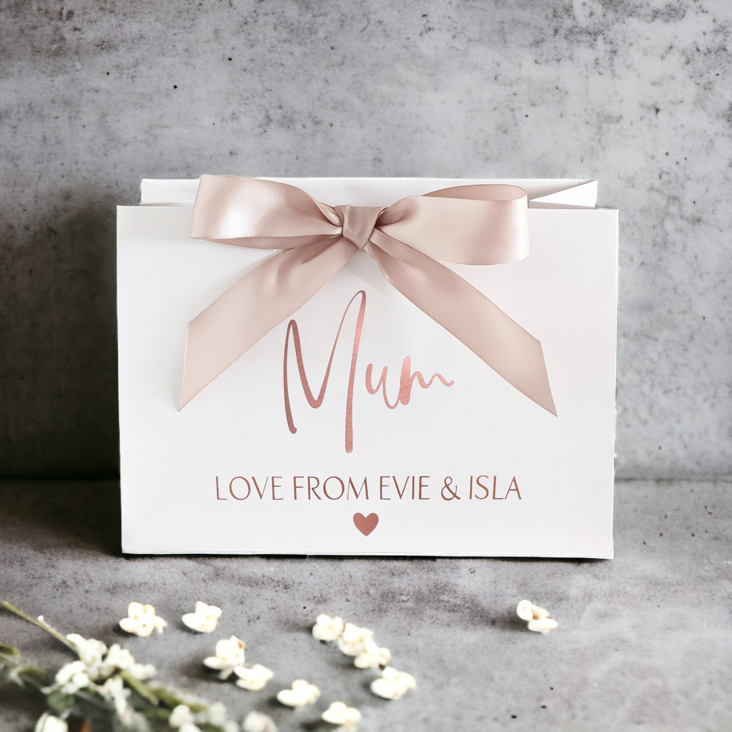 personalised mother's day rose gold gift bag with large ribbon bow