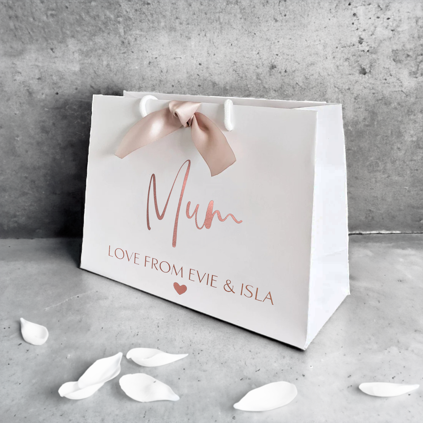 personalised mother's day rose gold gift bag with ribbon medium bag side view