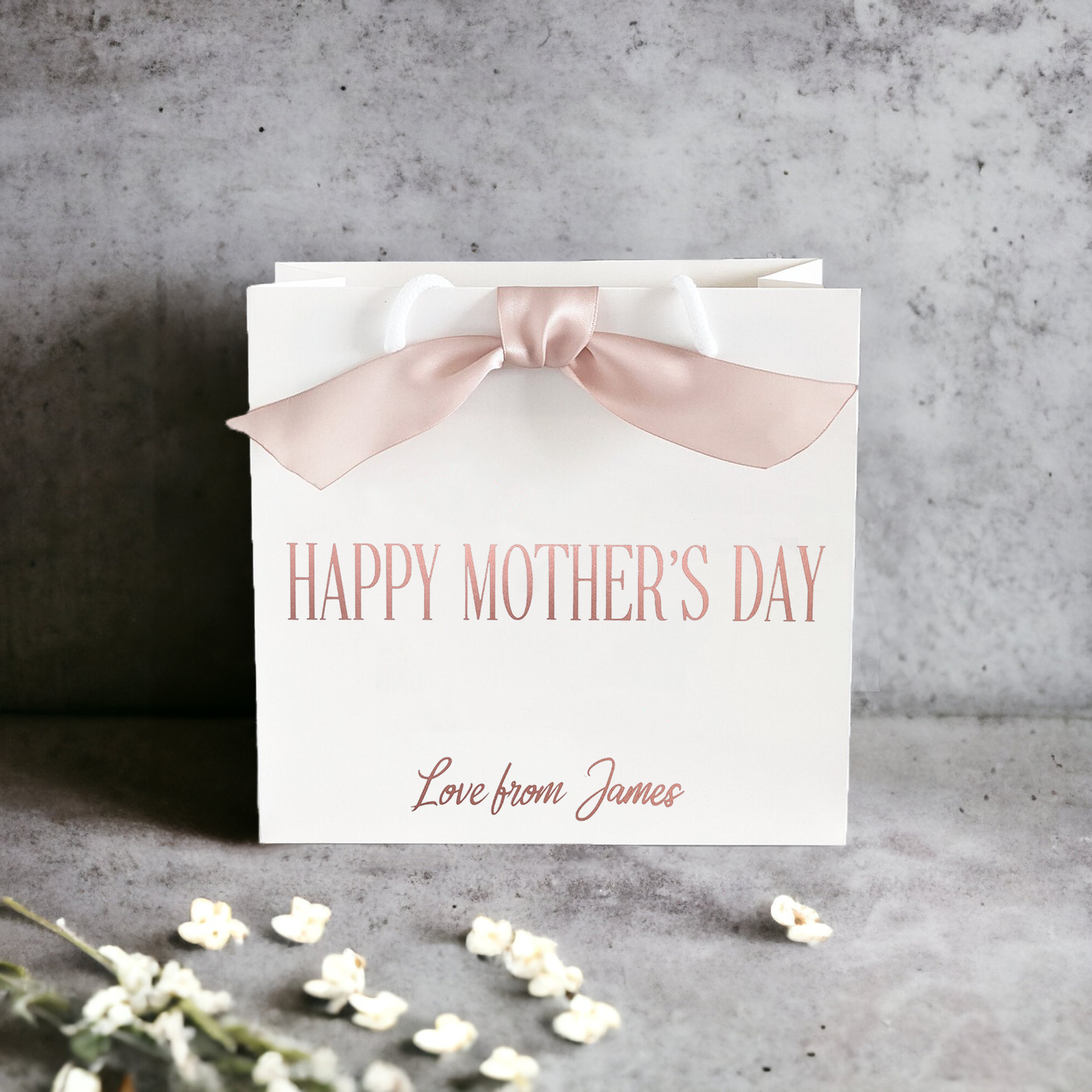 personalised mothers day gift bag rose gold with ribbon small bag