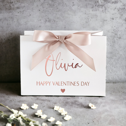 personalised valentines day gift bag rose gold with bow