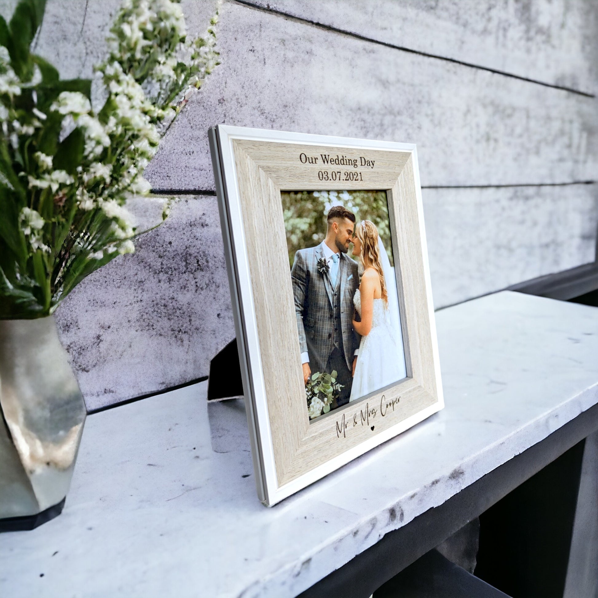 personalised wooden wedding frame side view