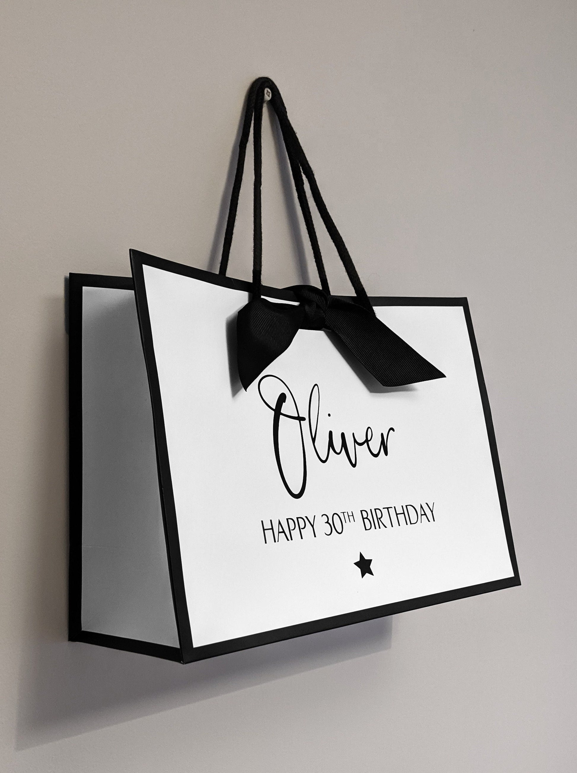 Personalised birthday gift bag white with black edge