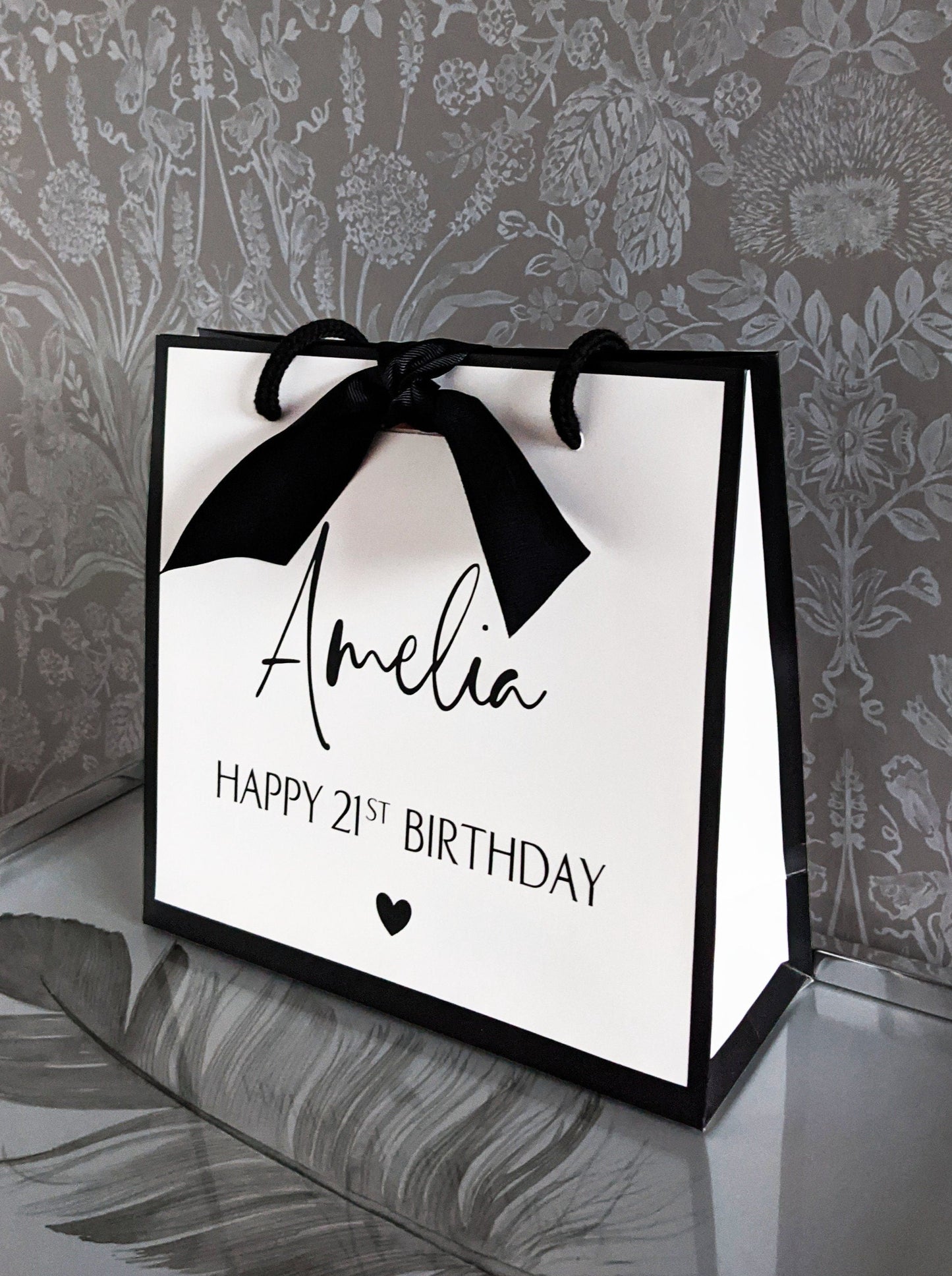 Personalised birthday gift bag white with black edge - square