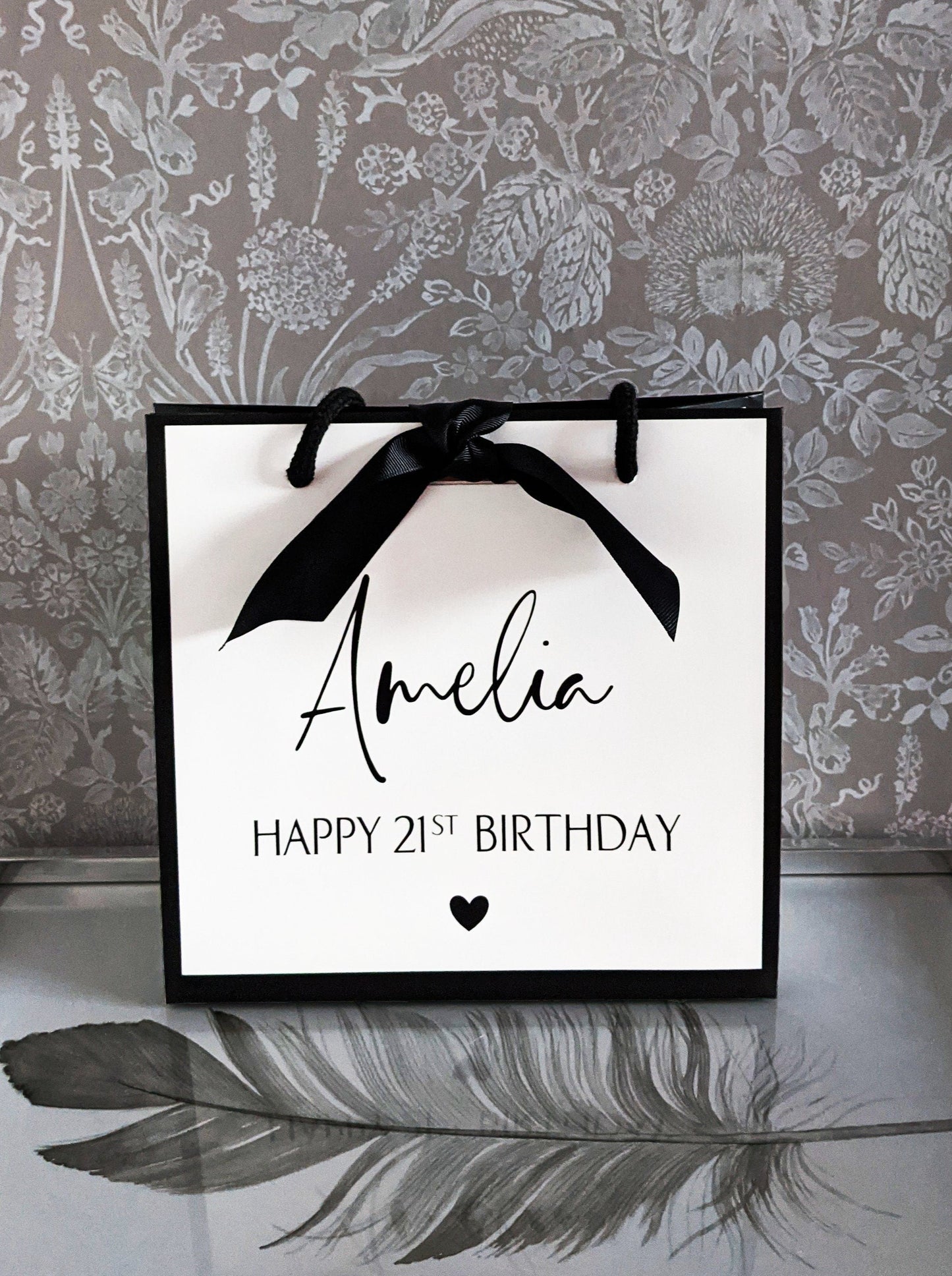 Personalised birthday gift bag white with black edge - square