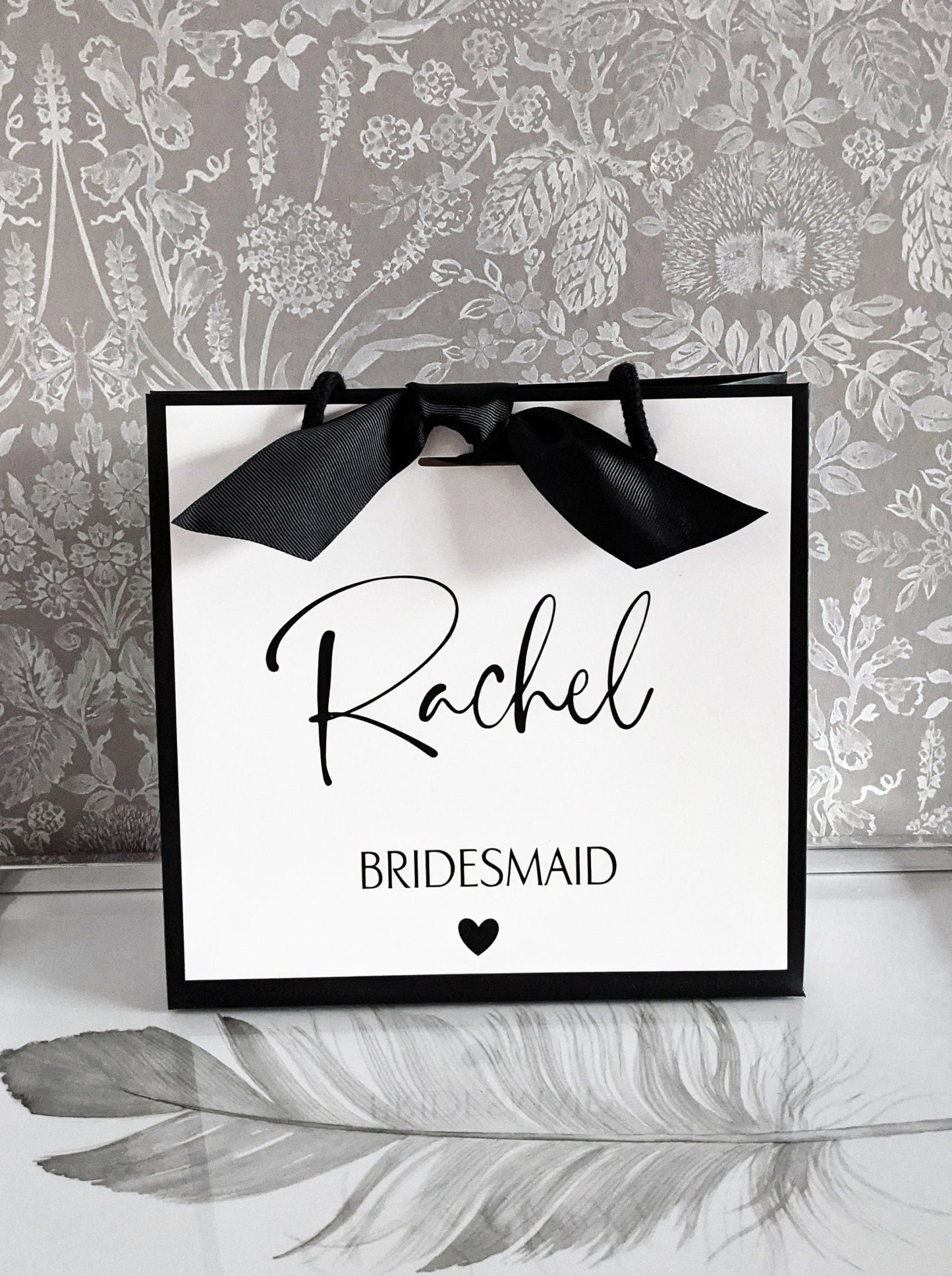 Personalised bridesmaid gift bag small square white with black edge